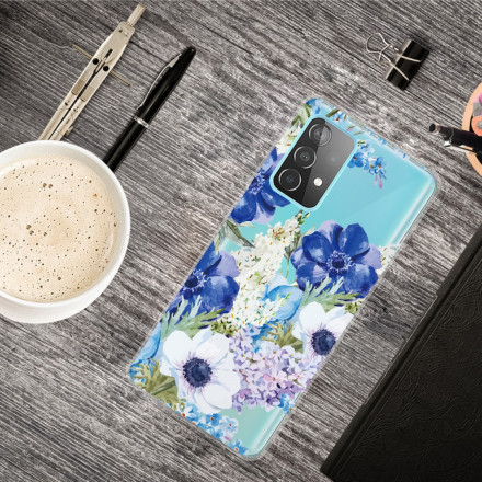 Coque Samsung Galaxy A52 5G Transparente Fleurs Bleues Aquarelle