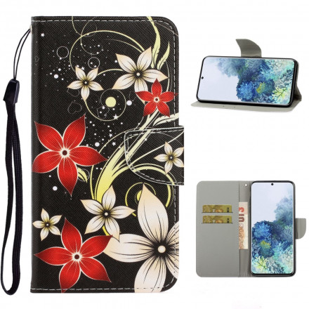 Housse Samsung Galaxy S21 Ultra 5G Fleurs Colorées à Lanière