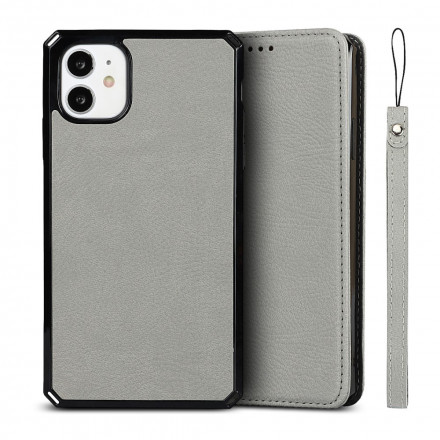 Flip Cover iPhone 11 Cuir Litchi Véritable à Lanière