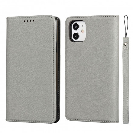 Flip Cover iPhone 11 Cuir Litchi Véritable à Lanière