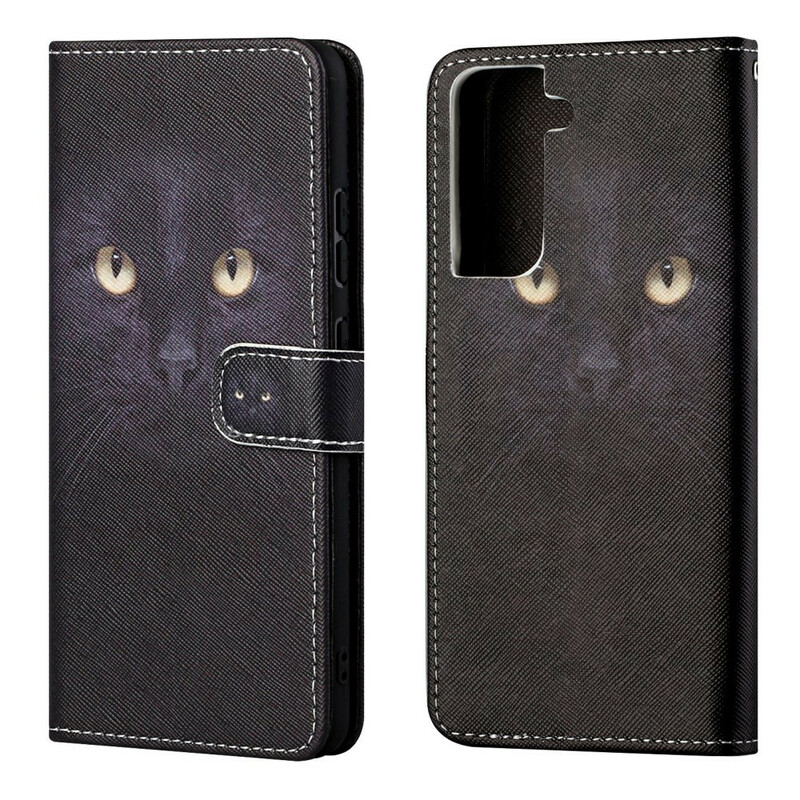 Housse Samsung Galaxy S21 FE Yeux de Chat Noir à Lanière