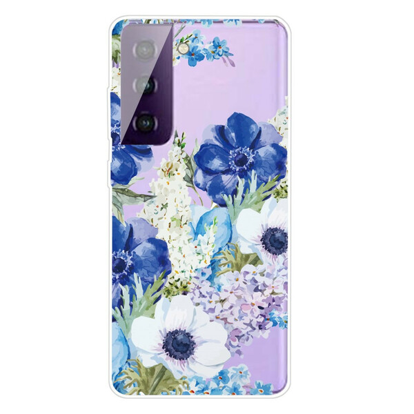 Coque Samsung Galaxy S21 FE Fleurs Bleues Aquarelle