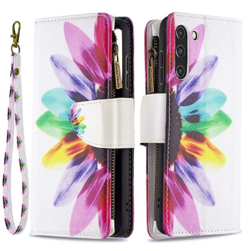 Housse Samsung Galaxy S21 FE Poche Zippée Fleur