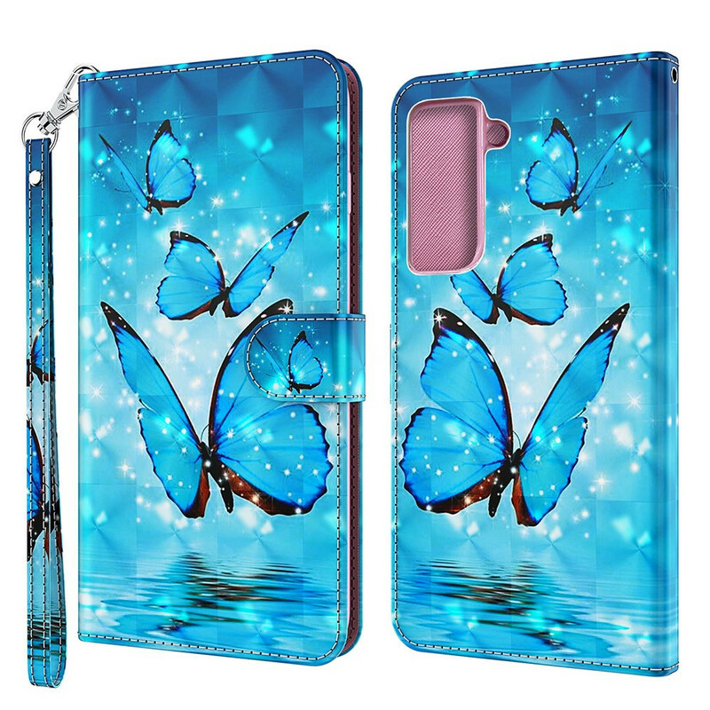 Housse Samsung Galaxy S21 FE Papillons Bleus Volants