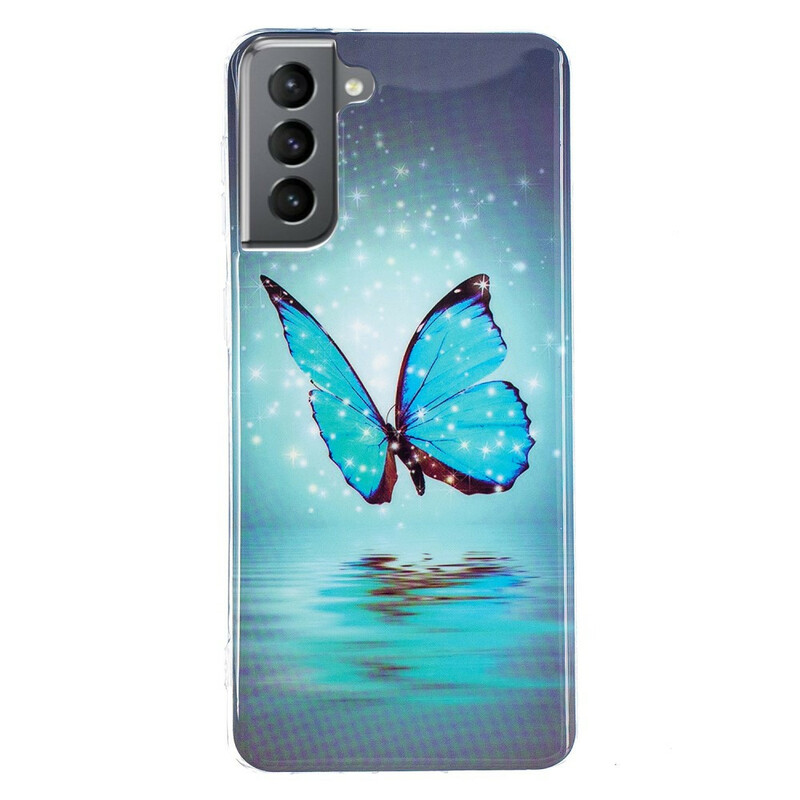 Coque Samsung Galaxy S21 FE Papillon Bleu Fluorescente