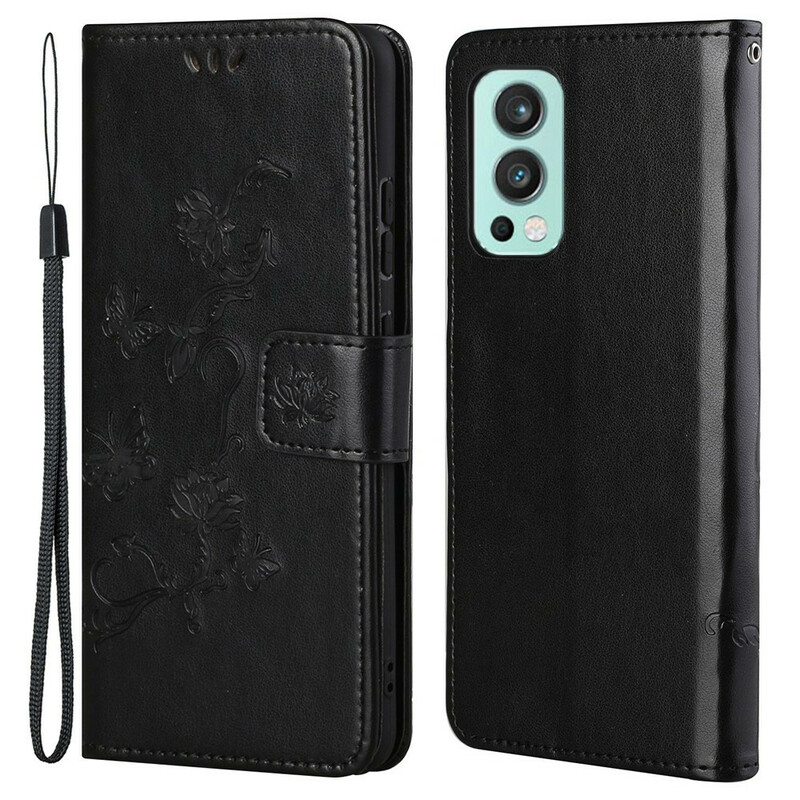 Housse OnePlus Nord 2 5G Papillons Et Fleurs À Lanière