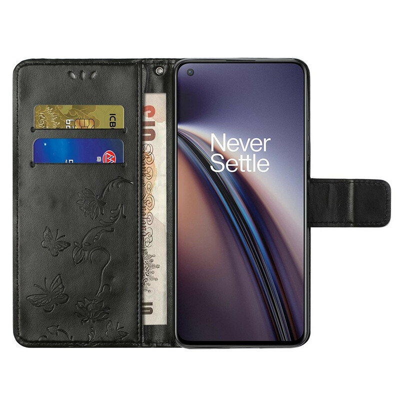 Housse OnePlus Nord 2 5G Papillons Et Fleurs À Lanière