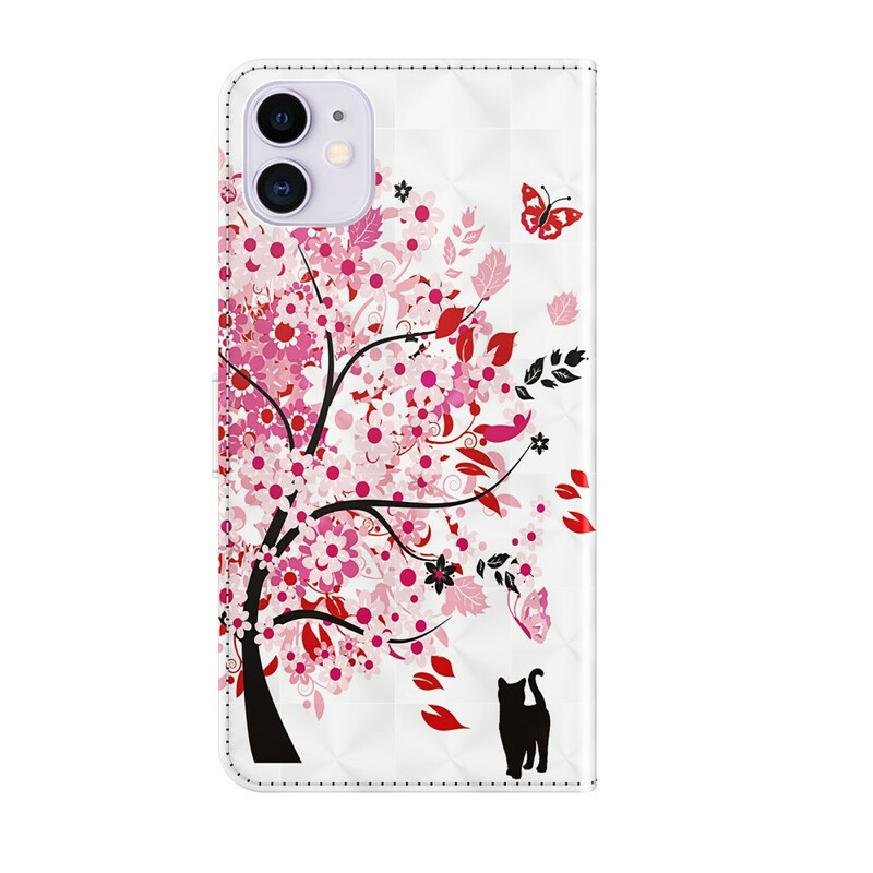 Housse iPhone 13 Mini Arbre Rose et Chat Noir