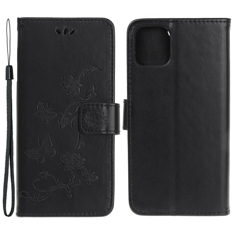 Housse iPhone 13 Mini Papillons et Fleurs à Lanière