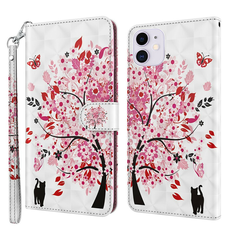 Housse iPhone 13 Arbre Rose et Chat Noir