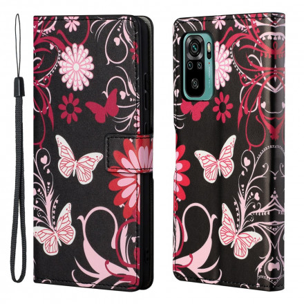 Housse Xiaomi Redmi 10 Papillons et Fleurs à Lanière