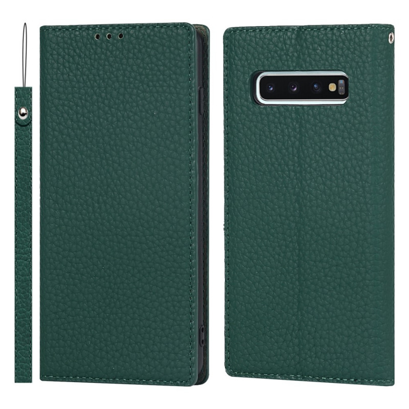 Flip Cover Samsung Galaxy S10 Cuir Litchi Véritable à Lanière