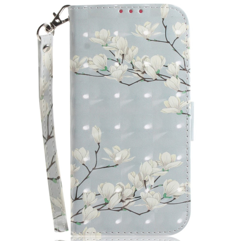 Housse Moto G13/G23/G53 5G Fleurs Blanches à Lanière