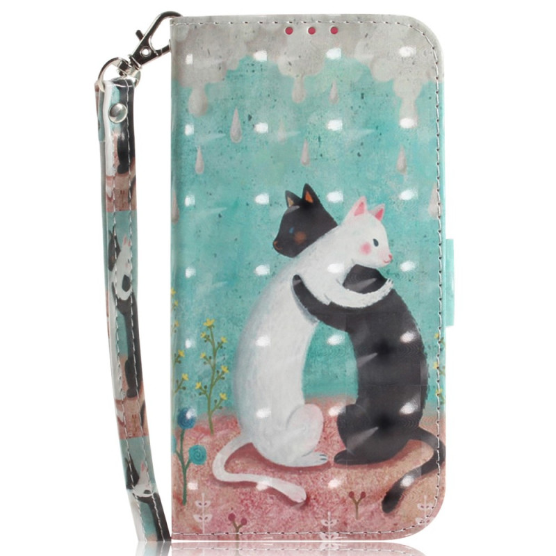 Housse Moto G13/G23/G53 5G Chat Noir Chat Blanc à Lanière