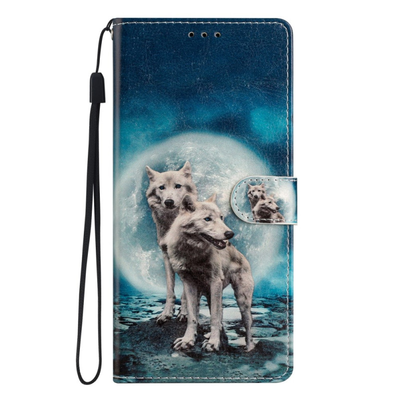 Housse Moto G13/G23/G53 5G Loups au Clair de Lune à Lanière