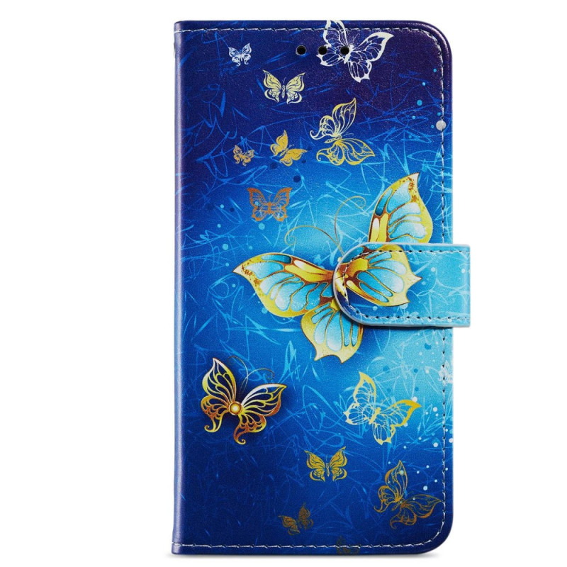 Housse Moto G13/G23/G53 5G Papillons Dorés à Lanière