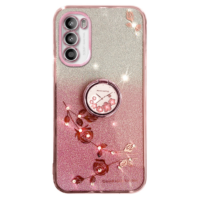 Coque Moto G82 5G / G52 Paillettes Roses Anneau-Support