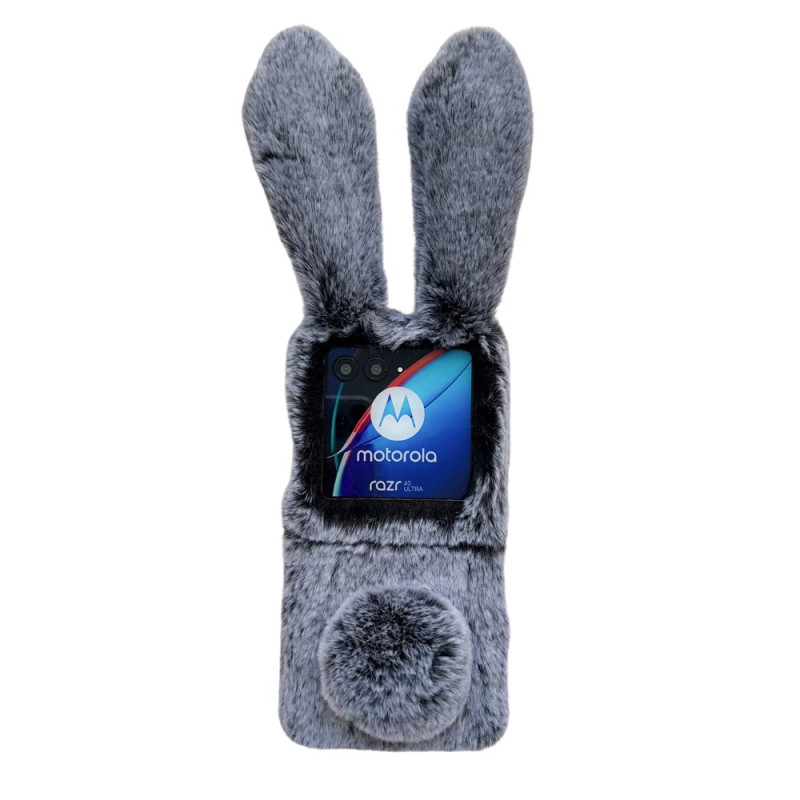 Coque pour Motorola Razr 40 Ultra 5G Oreilles de Lapin 3D et Fourrure Gris Foncé