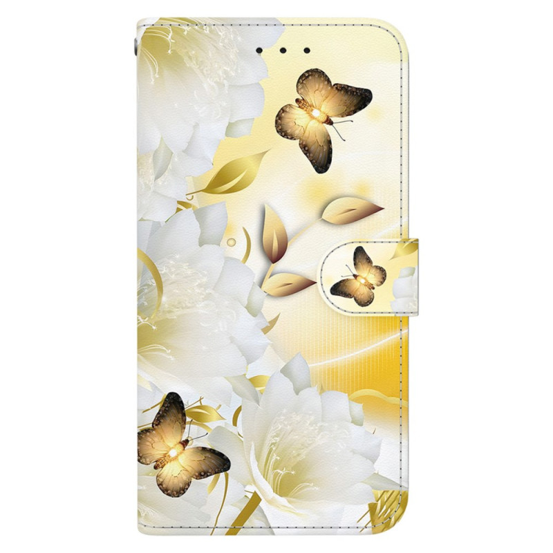 Housse Motorola Edge 40 Neo Papillons Dorés et Fleurs à Lanière