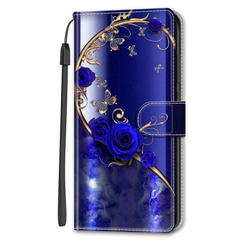 Housse Samsung Galaxy S24 Plus 5G Rose Bleue et Papillons Dorés à Lanière