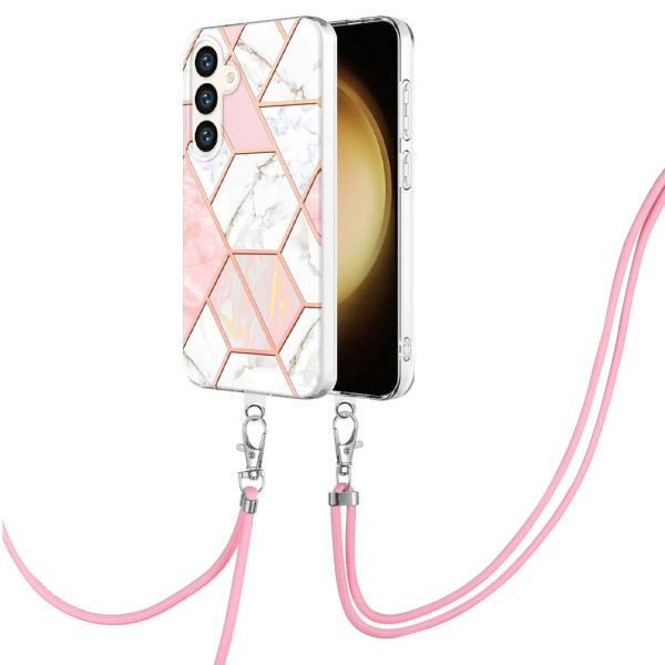 Coque à Cordon Samsung Galaxy S24 Plus 5G Marbre Rose et Blanc