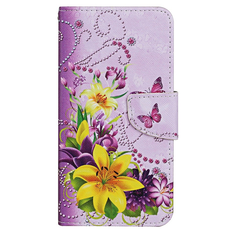 Housse Samsung Galaxy A05s Motif Fleurs et Papillons à Lanière