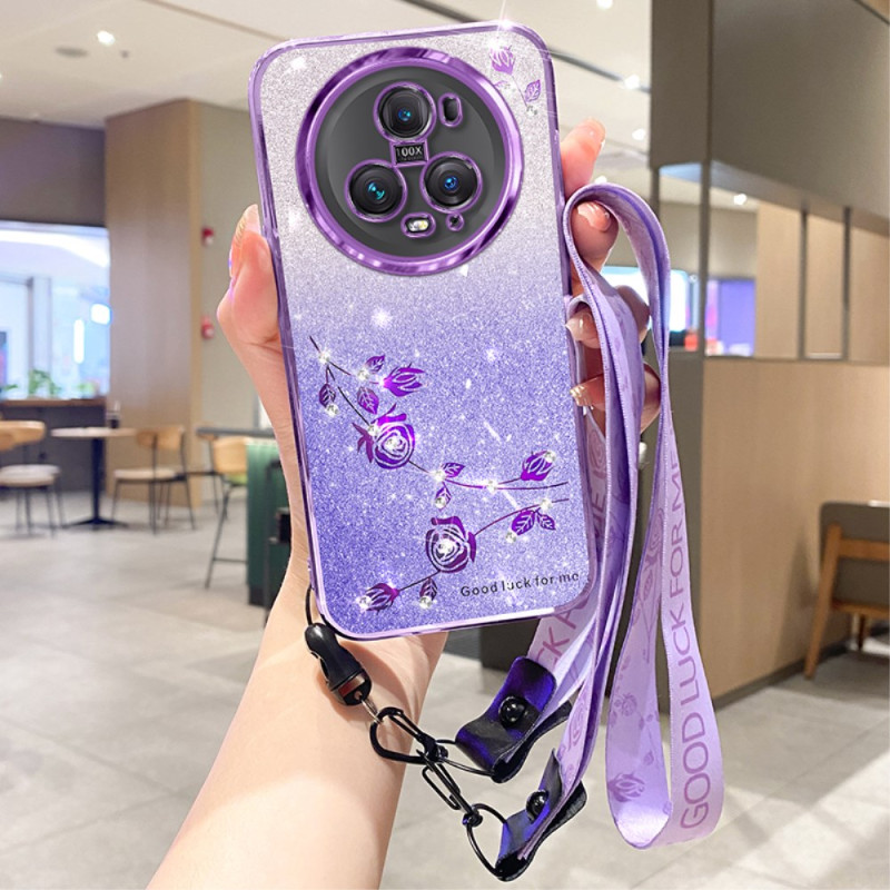 Coque Honor Magic 5 Pro Fleurs et Strass à Lanière KADEM