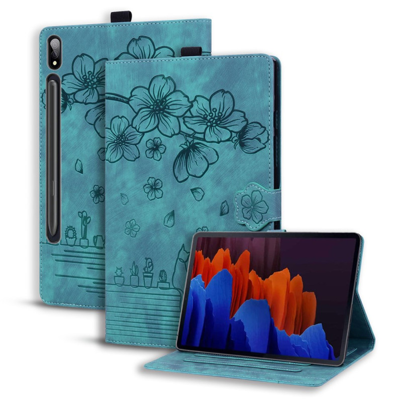 Housse Samsung Galaxy Tab S9 Plus Motif Chat et Fleurs