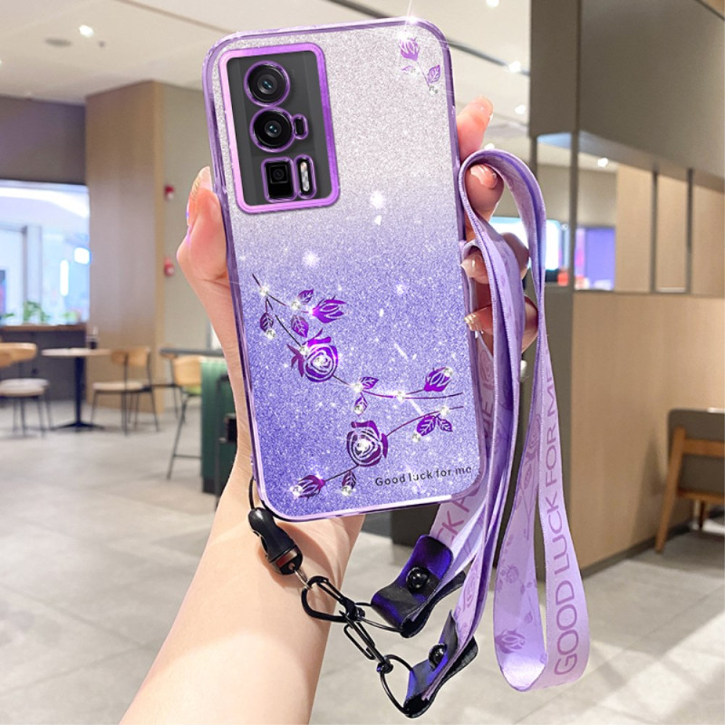 Coque Poco F5 Pro Strass et Fleurs à Lanière KADEM