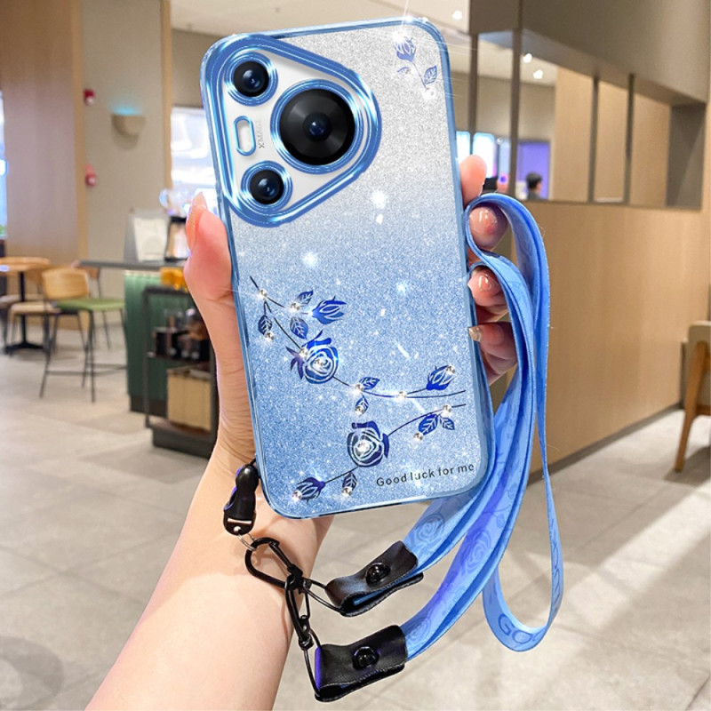 Coque Huawei Pura 70 Pro Fleurs et Strass avec Lanière