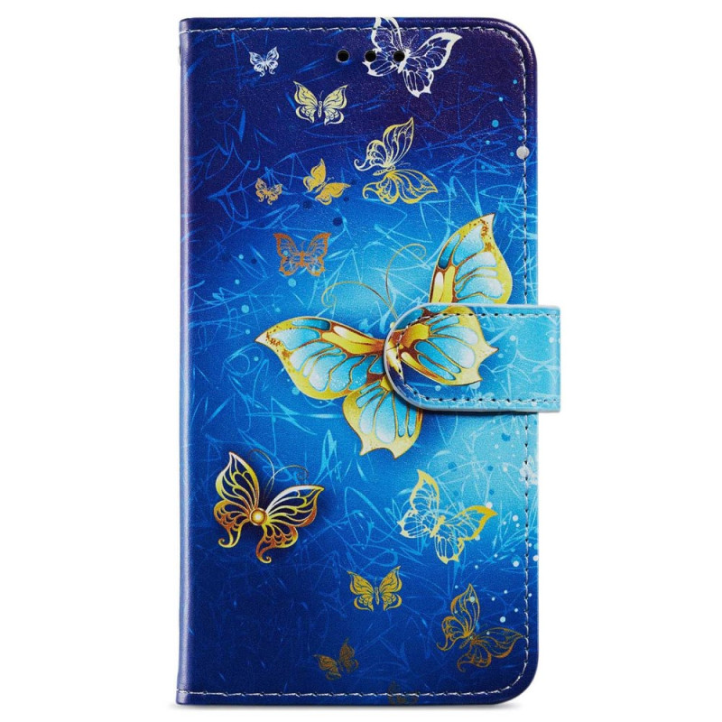 Housse Oppo A79 5G Papillons Dorés sur Fond Bleu à Lanière