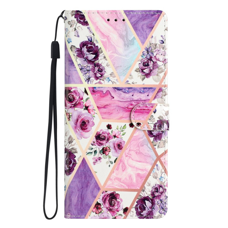 Housse Oppo A79 5G Marbre et Fleurs Violettes à Lanière