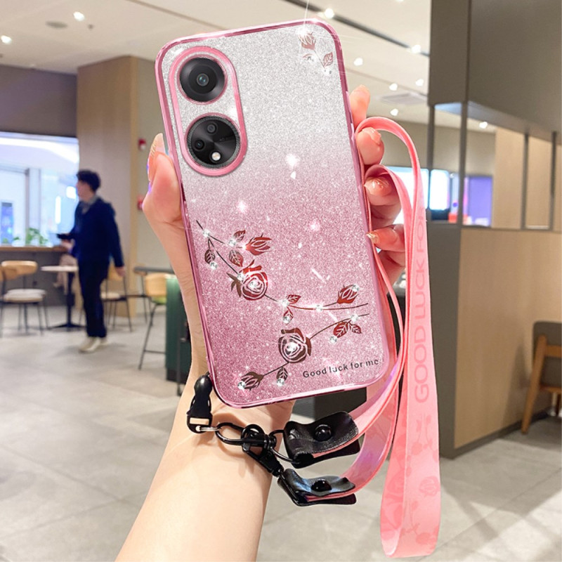 Coque Oppo A98 5G Fleurs et Strass à Lanière KADEM