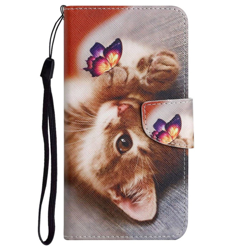 Housse Oppo A96 4G Papillon et Chat à Lanière