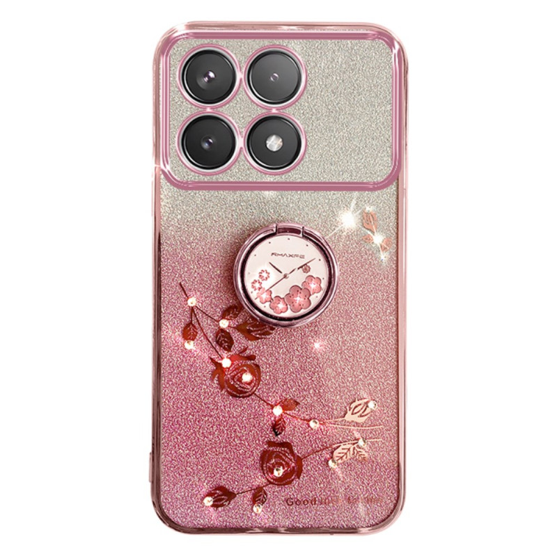 Coque Poco F6 Pro Anneau-Support Fleurs et Strass KADEM