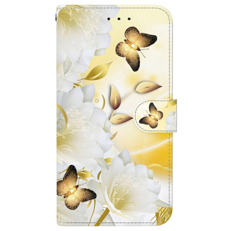 Housse Oppo A60 Papillons Dorés et Fleurs à Lanière