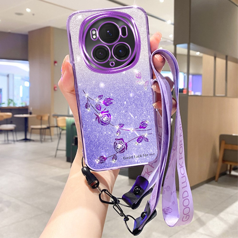 Coque Honor Magic 6 Pro Fleurs et Strass à Lanière