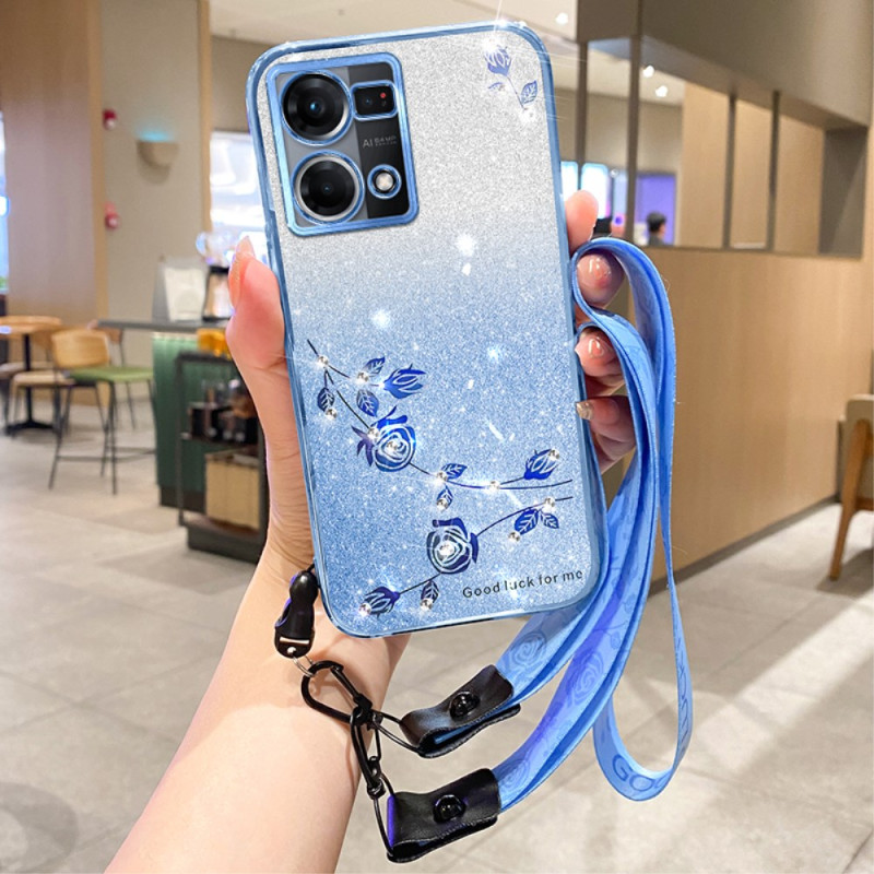 Coque Oppo Reno 7 Fleurs et Strass à Lanière KADEM