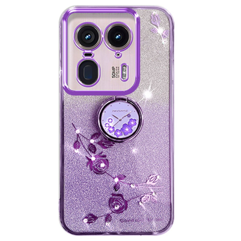 Coque Motorola Edge 50 Ultra Anneau-Support Fleurs et Strass KADEM