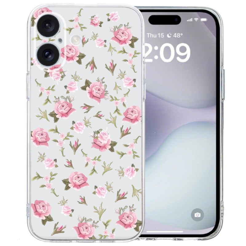 Coque iPhone 16 Bord Transparent Fleurs Roses