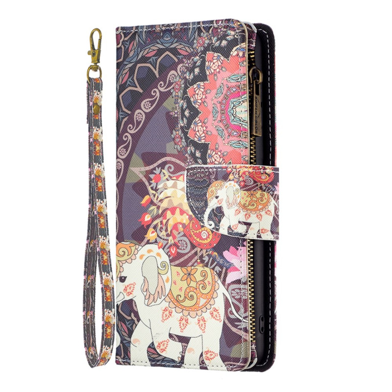 Housse iPhone 16 Plus Portefeuille Éléphant Tribal à Lanière