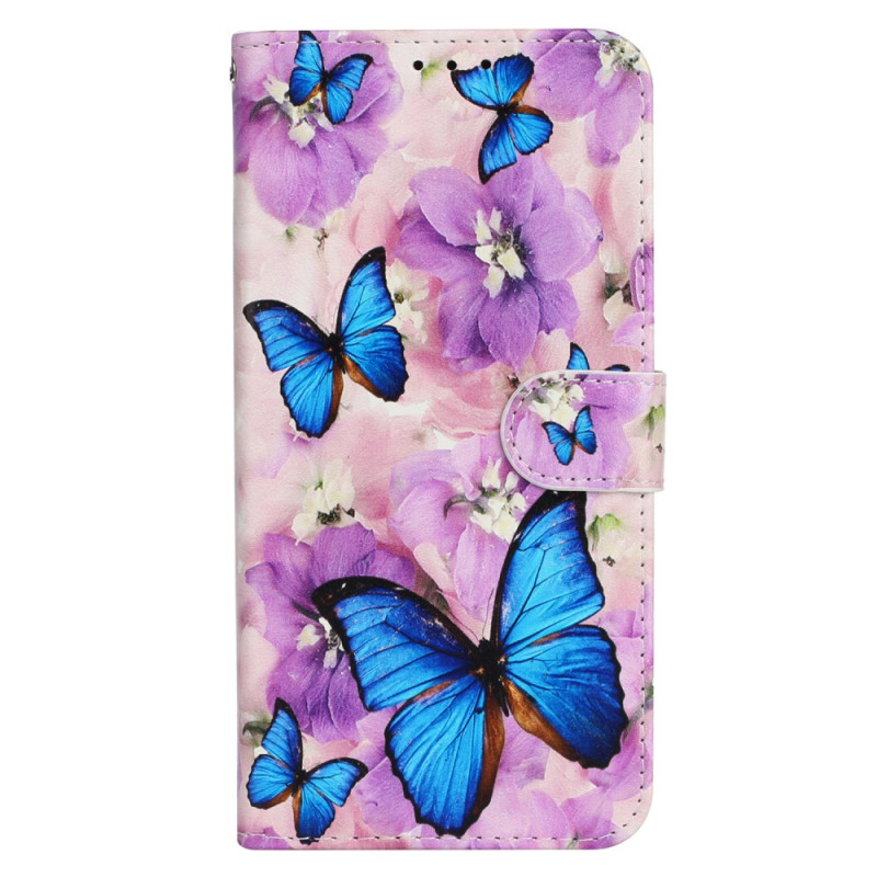 Housse iPhone 16 Pro Papillons Bleus et Fleurs Violettes à Lanière