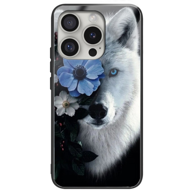 Coque iPhone 16 Pro Verre Trempé loup et Fleur Bleu