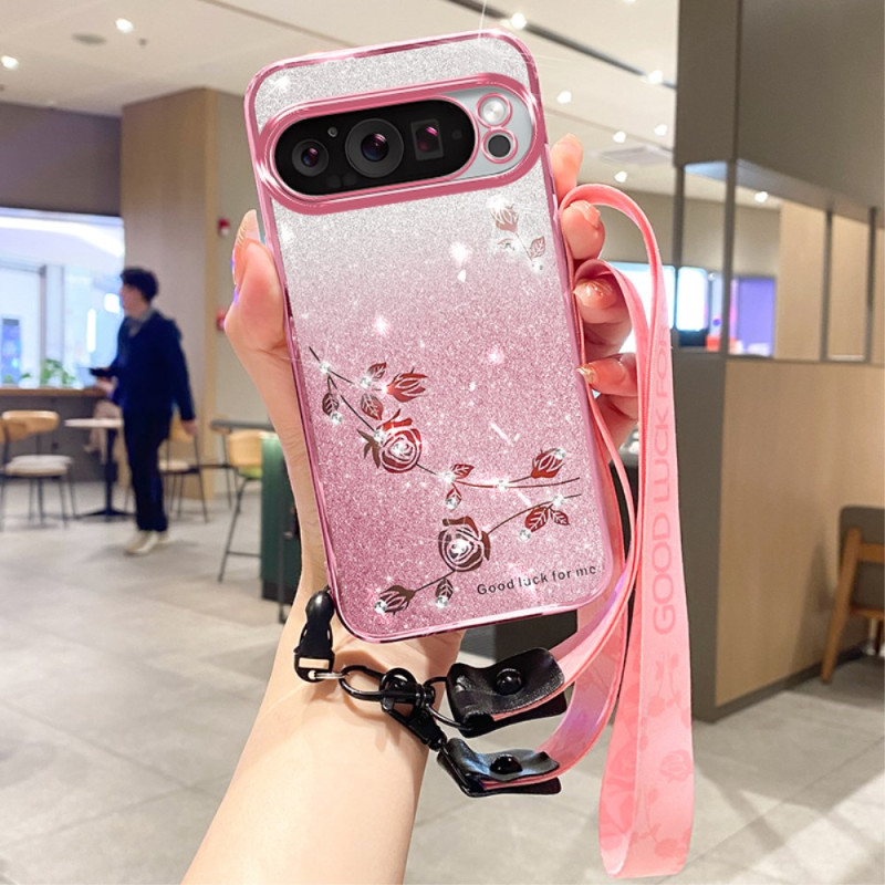 Coque Google Pixel 9 Pro XL Fleurs et Strass à Lanière KADEM