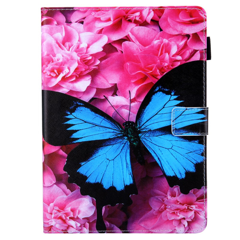 Housse iPad Pro 11 (2024) Fleurs Rouges et Papillon Bleu