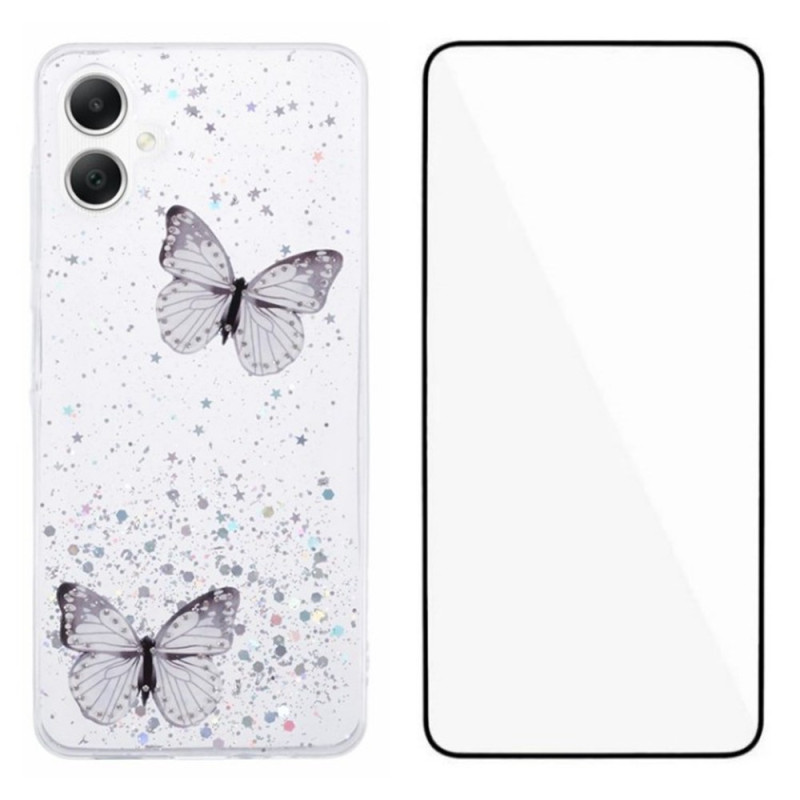 Coque Samsung Galaxy A06 Papillons avec Protection Écran en Verre Trempé WANLONFENG