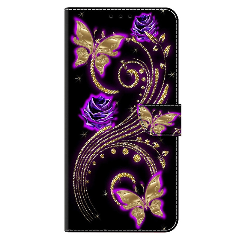 Housse Moto G85 5G Fleurs Violettes et Papillons Dorés