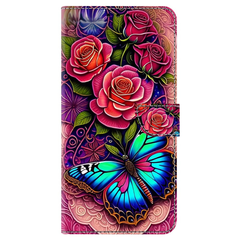 Housse Moto G85 5G Papillon Cyan et Fleurs Rouges