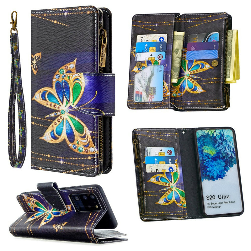 Housse Samsung Galaxy S20 Ultra Poche Zippée Papillons