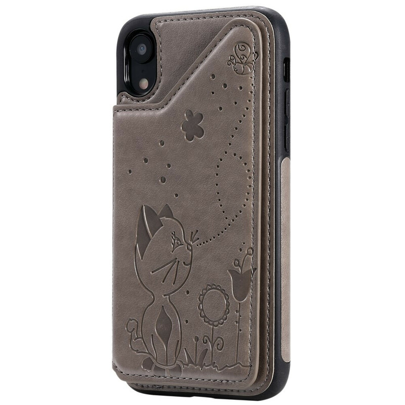 Coque iPhone XR Simili Cuir Porte-Cartes Support Chat